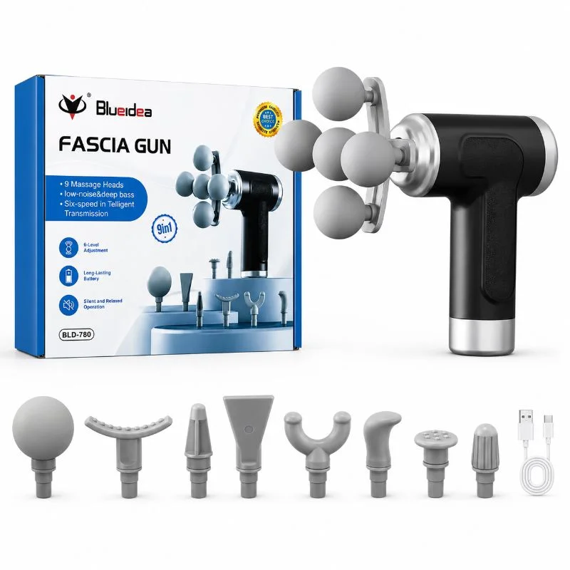 Five Head Massage Gun | Rechargeable Deep Tissue Muscle Massager | 9 Massage Heads | 6 Speed Levels | Model BLD-780 | Random color